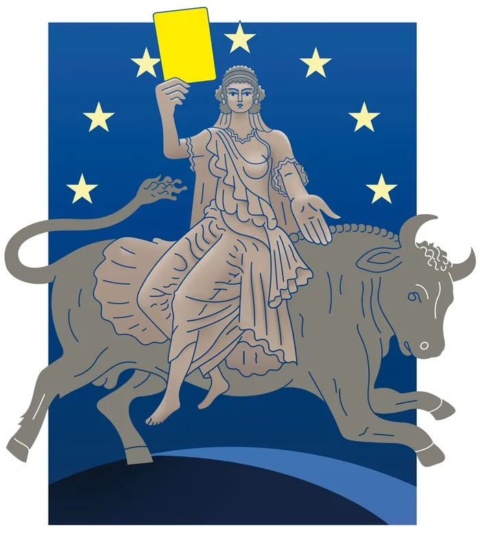 Woman holding yellow card riding a bull with stars in background by Klaus Meinhardt