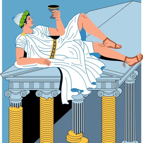 Roman figure reclining on pillars surrounded by gold coins by Klaus Meinhardt
