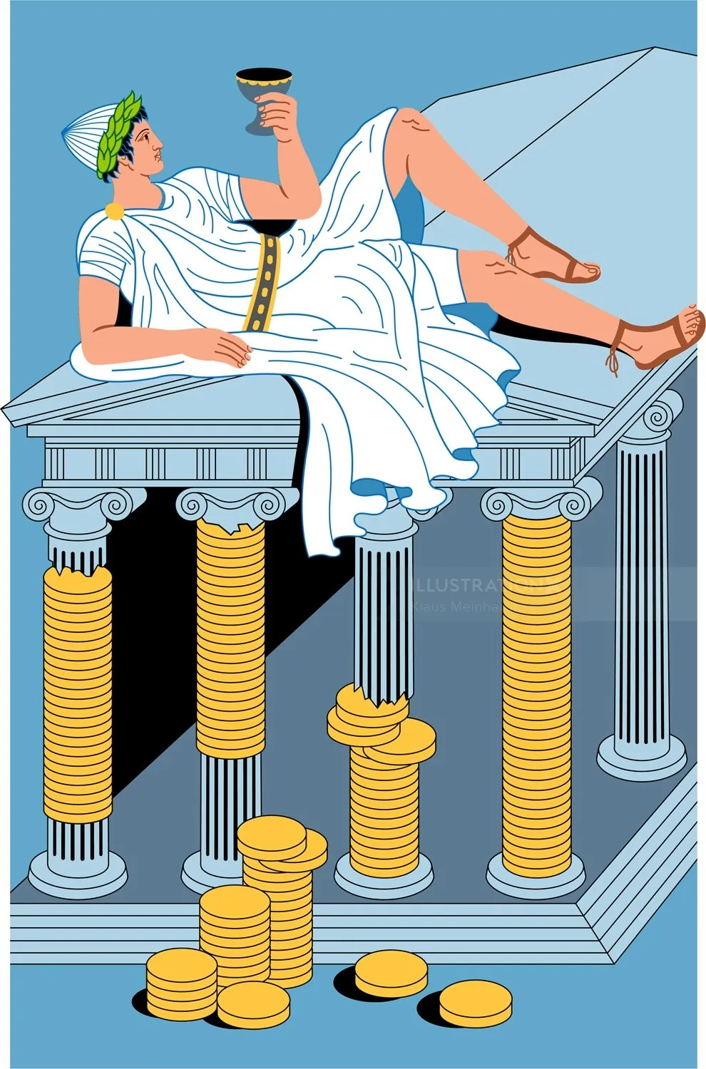 Roman figure reclining on pillars surrounded by gold coins by Klaus Meinhardt