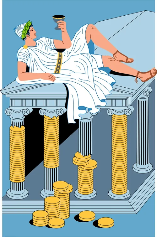 Roman figure reclining on pillars surrounded by gold coins by Klaus Meinhardt