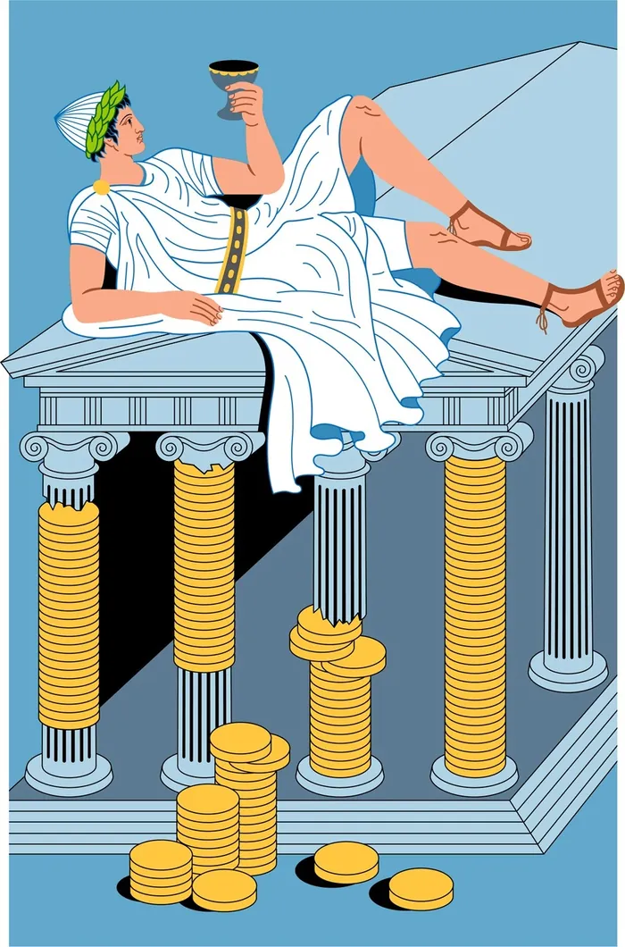 Roman figure reclining on pillars surrounded by gold coins by Klaus Meinhardt