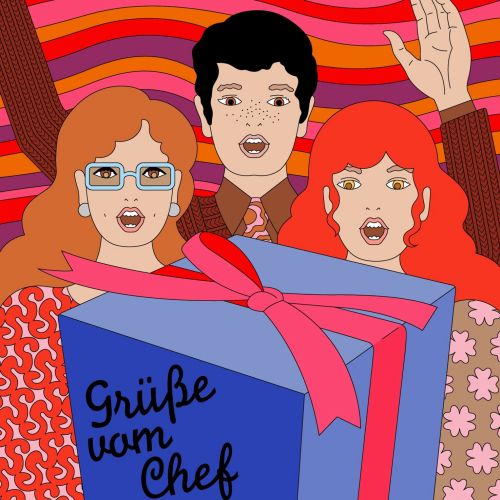 Three people with gift box in front, colorful background by Klaus Meinhardt
