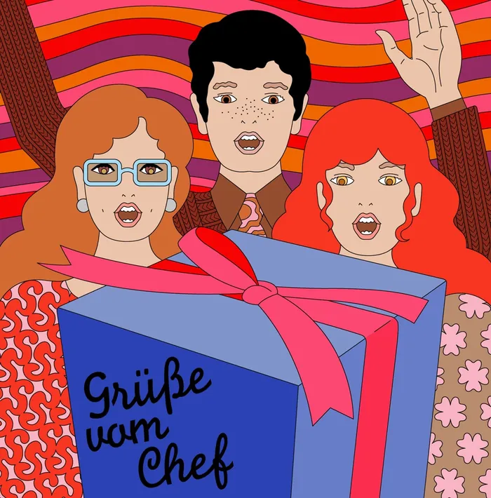 Three people with gift box in front, colorful background by Klaus Meinhardt