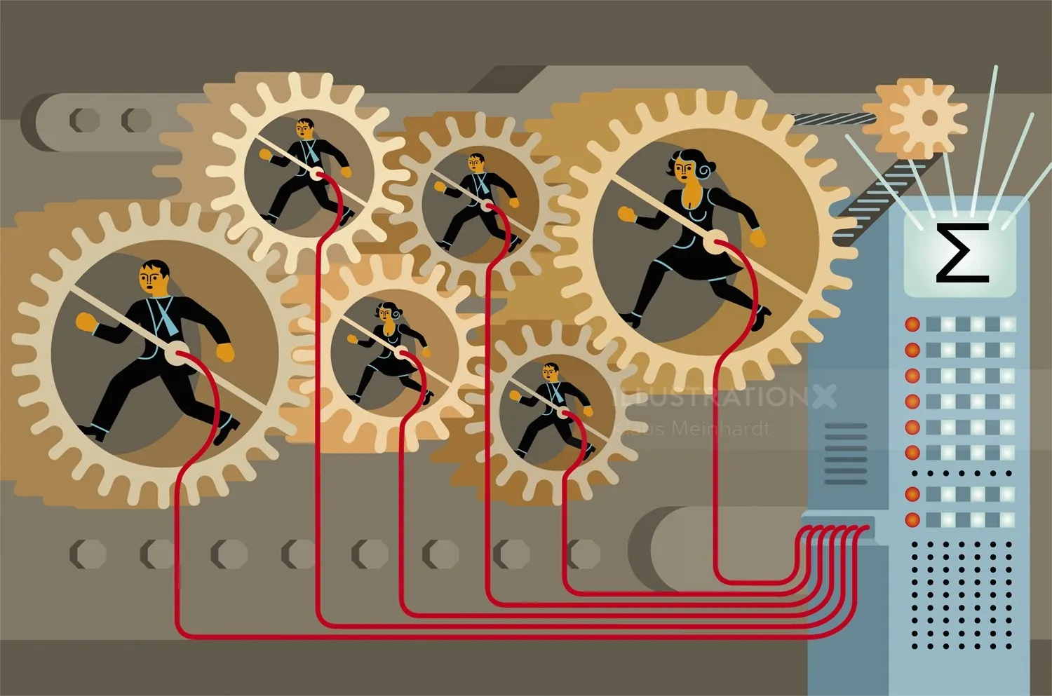 Workers inside large mechanical gears connected to control panel by red cables by Klaus Meinhardt