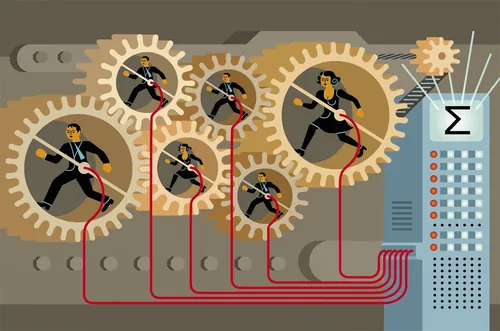 Workers inside large mechanical gears connected to control panel by red cables by Klaus Meinhardt