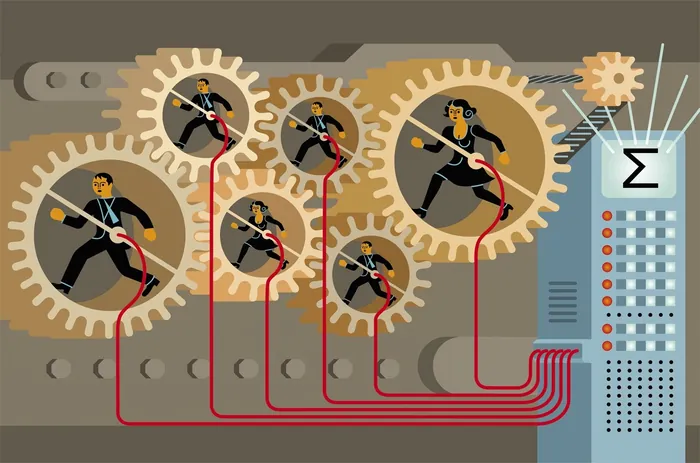 Workers inside large mechanical gears connected to control panel by red cables by Klaus Meinhardt