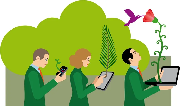 Three people using digital devices near plants and a hummingbird by Klaus Meinhardt