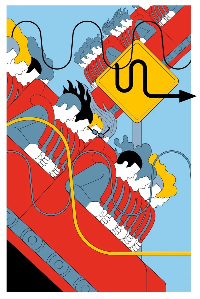 Colorful roller coaster scene by Klaus Meinhardt showing riders and twist sign