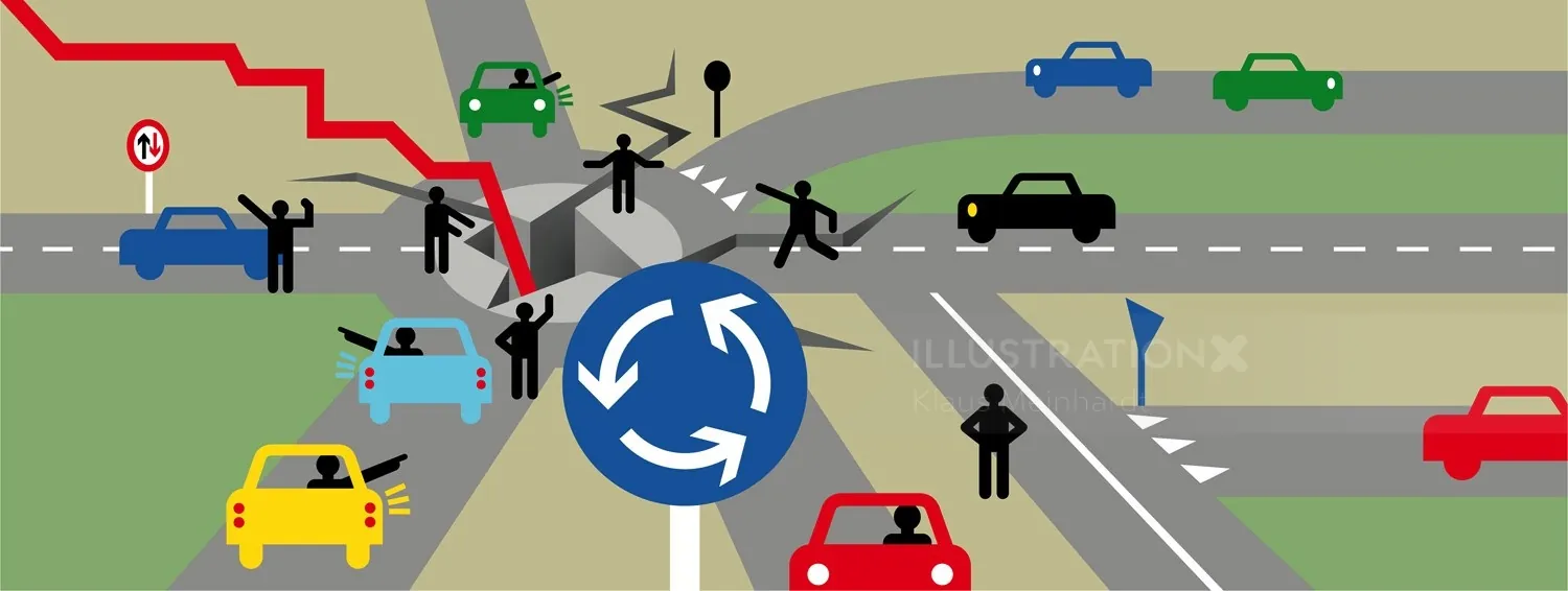 Illustration of urban roundabout with cars, pedestrians, and bikes navigating traffic, by Klaus Mein