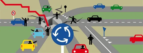 Illustration of urban roundabout with cars, pedestrians, and bikes navigating traffic, by Klaus Mein