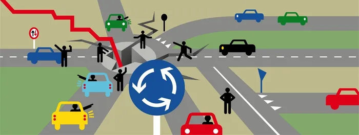 Illustration of urban roundabout with cars, pedestrians, and bikes navigating traffic, by Klaus Mein