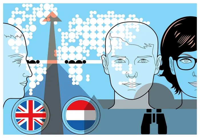Digital illustration with British and Dutch flags and human faces by Klaus Meinhardt