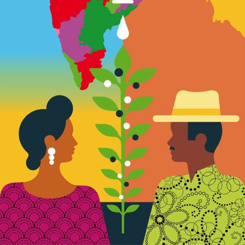 Water faucet dripping money onto plant growing between two people by Klaus Meinhardt