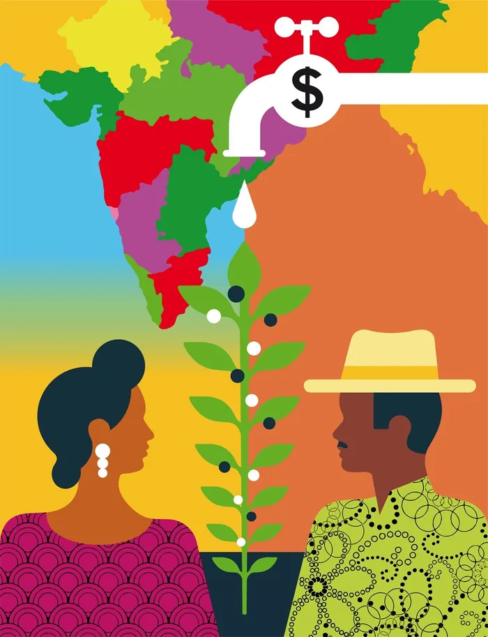 Water faucet dripping money onto plant growing between two people by Klaus Meinhardt