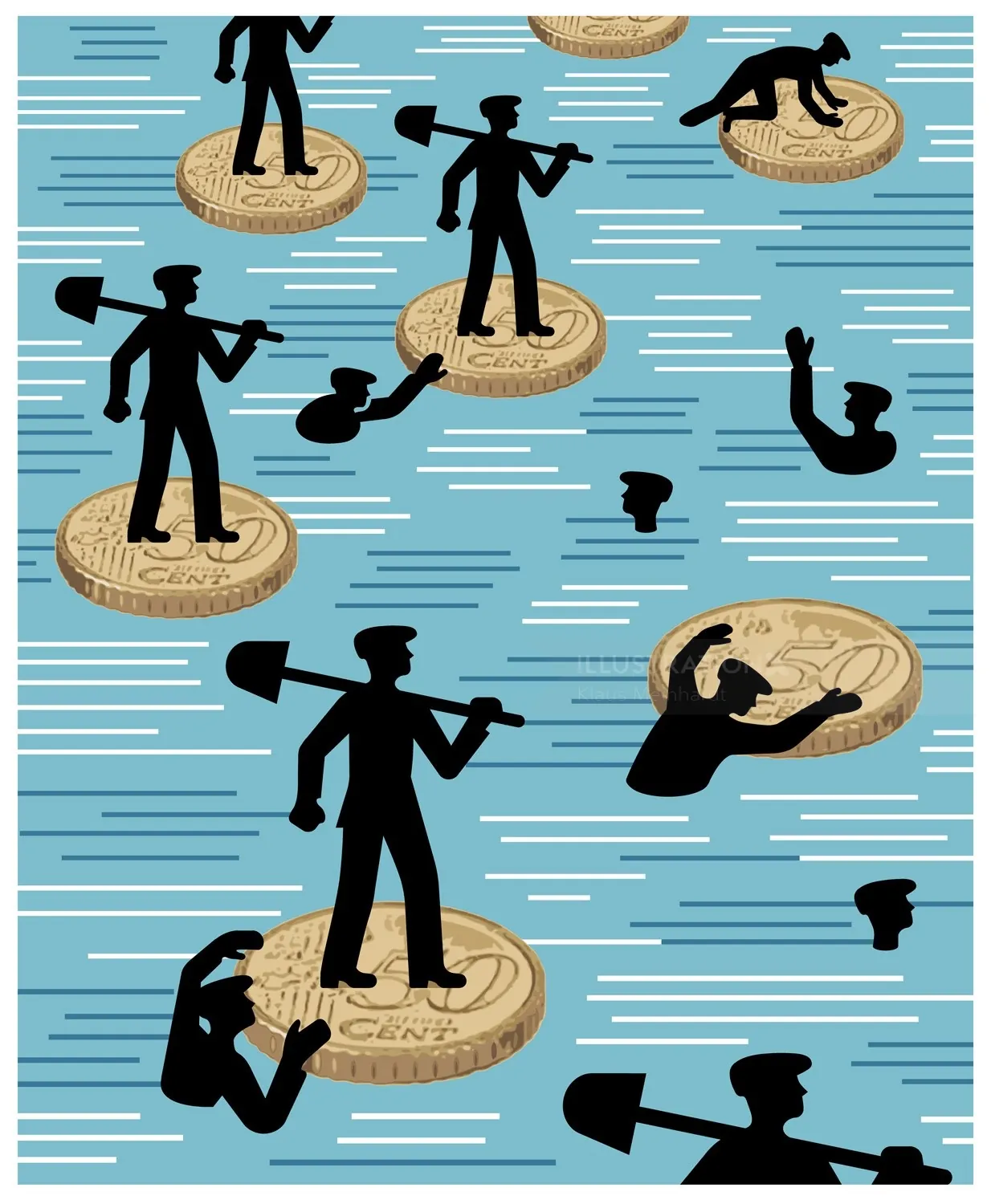 Silhouettes on floating Euro coins in water by Klaus Meinhardt