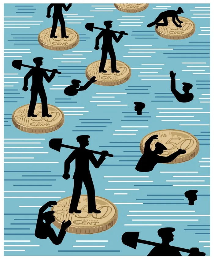 Silhouettes on floating Euro coins in water by Klaus Meinhardt