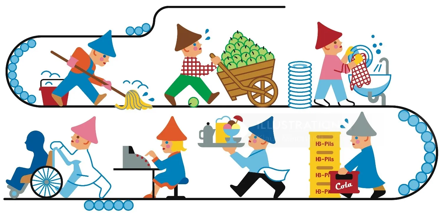 Whimsical dwarfs working on a conveyor belt performing various tasks by Klaus Meinhardt