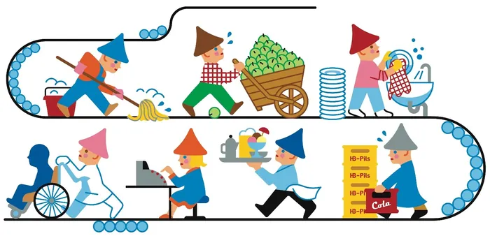 Whimsical dwarfs working on a conveyor belt performing various tasks by Klaus Meinhardt