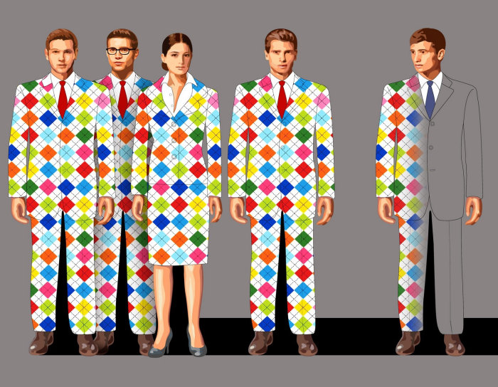 一群穿着五颜六色的格子西服的商人