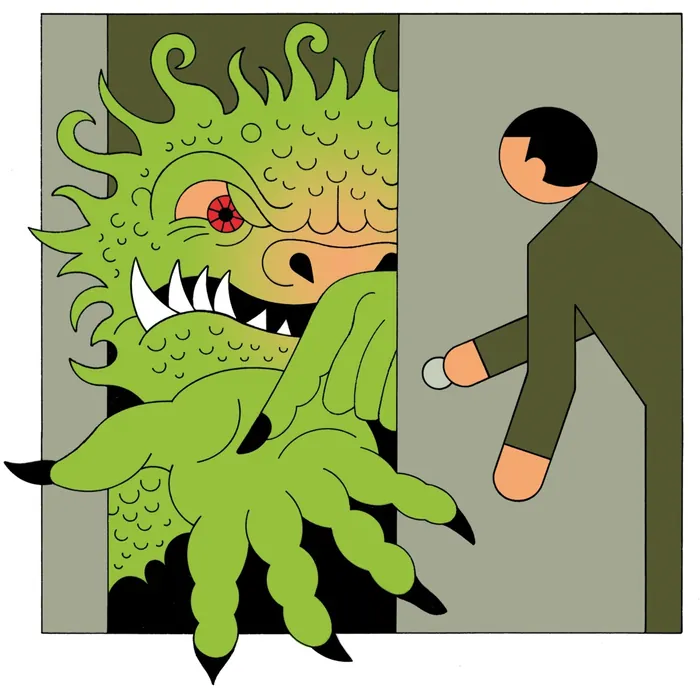 Person opening door to a large green monster reaching out, by Klaus Meinhardt