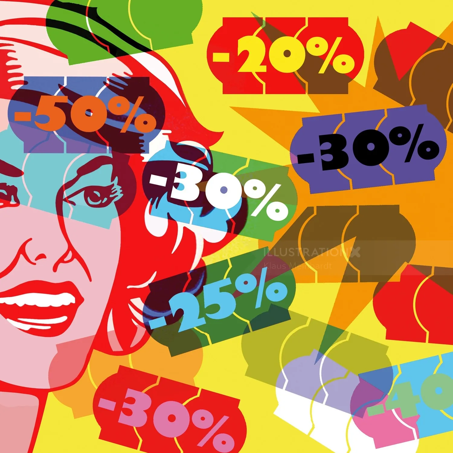 Pop art style colorful sale discounts with bold percentage signs by Klaus Meinhardt