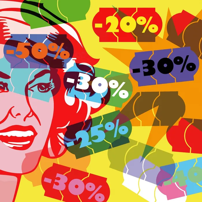 Pop art style colorful sale discounts with bold percentage signs by Klaus Meinhardt