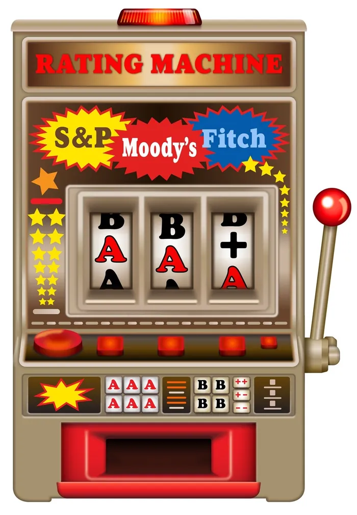 Slot machine with credit rating agencies S&P, Moody's, and Fitch, by Klaus Meinhardt