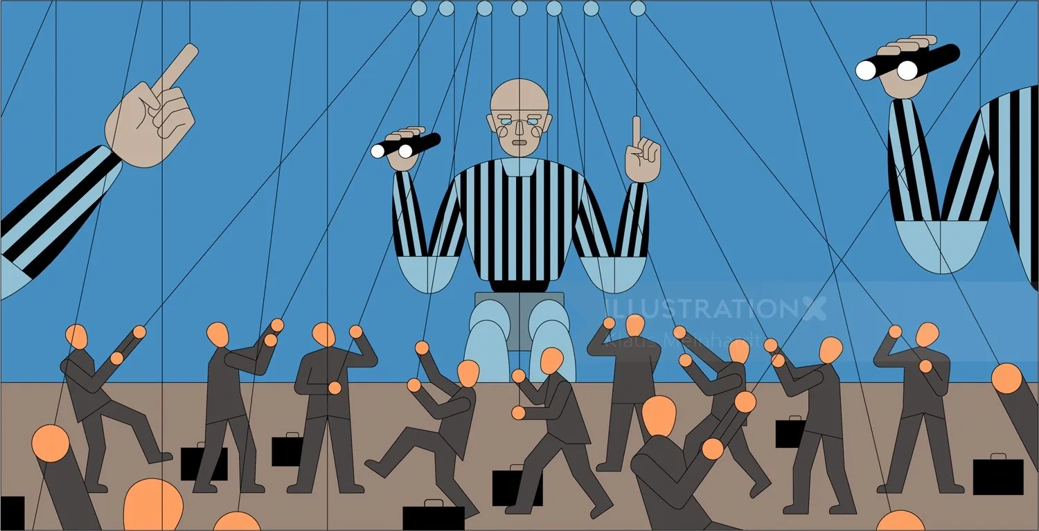 Marionette puppeteer controlling dolls over dancers by Klaus Meinhardt