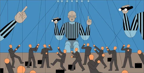 Marionette puppeteer controlling dolls over dancers by Klaus Meinhardt