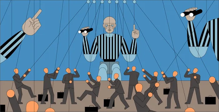 Marionette puppeteer controlling dolls over dancers by Klaus Meinhardt