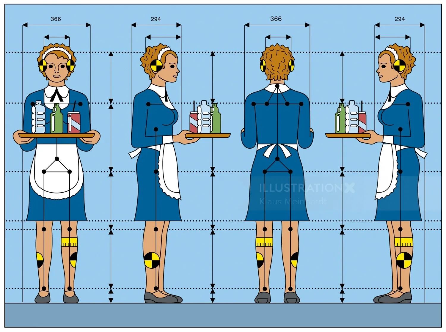 Technical drawing of a maid in uniform holding tray, by Klaus Meinhardt