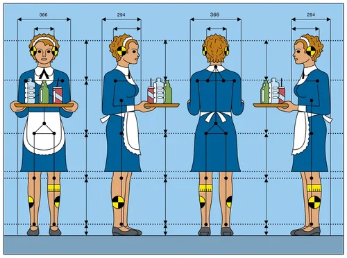Technical drawing of a maid in uniform holding tray, by Klaus Meinhardt