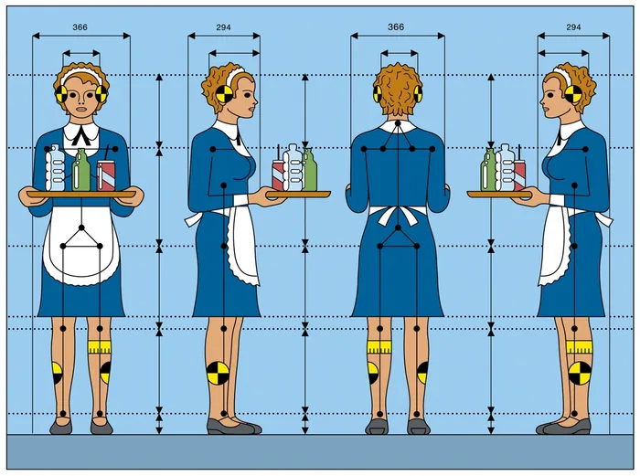 Technical drawing of a maid in uniform holding tray, by Klaus Meinhardt