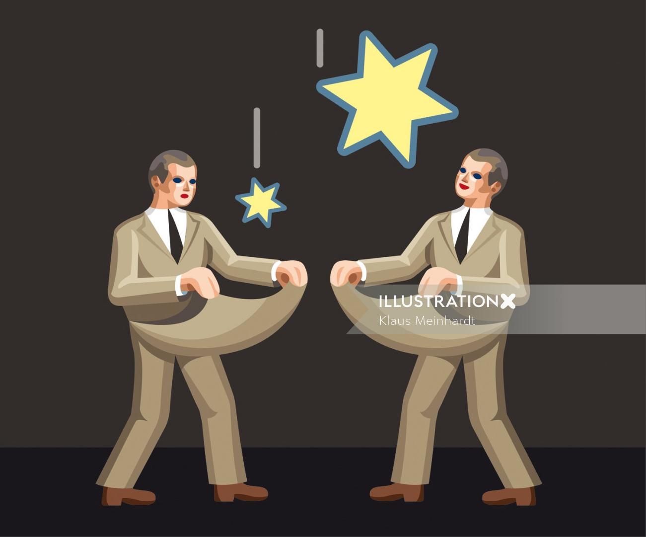 Two men catching stars with dollar symbol