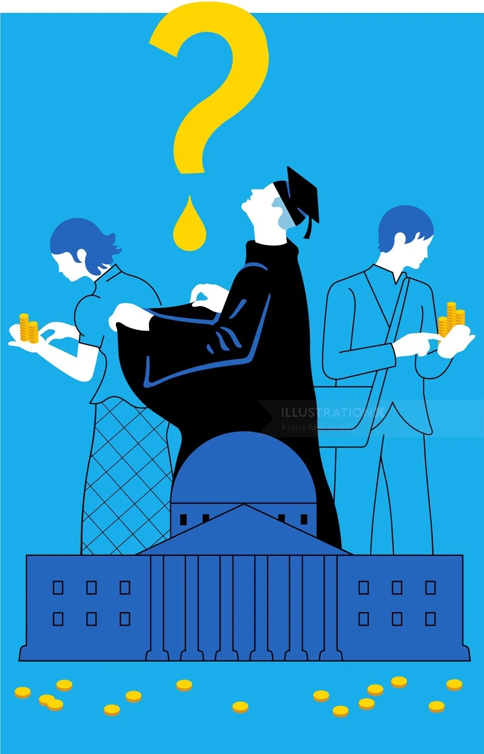 Graduates weighing career options near a government building, by Klaus Meinhardt