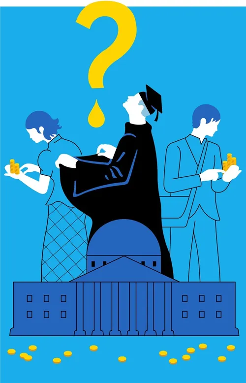 Graduates weighing career options near a government building, by Klaus Meinhardt