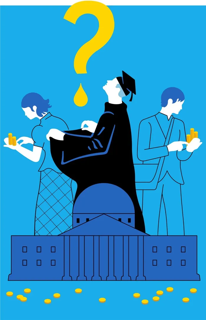 Graduates weighing career options near a government building, by Klaus Meinhardt