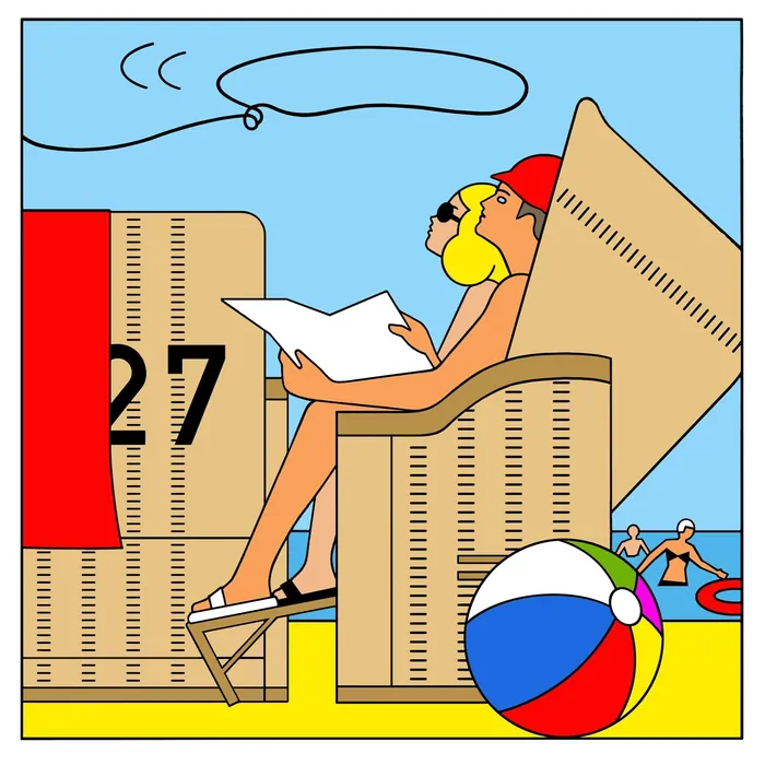 Two women reading in beach chairs near a colorful beach ball by Klaus Meinhardt