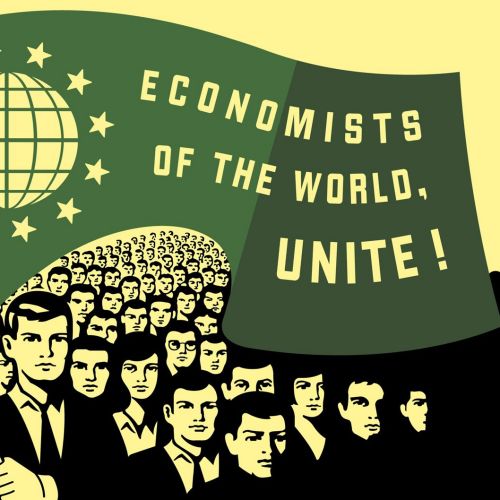 Crowd holding a flag with a globe and stars reading Economists of the World Unite by Klaus Meinhardt