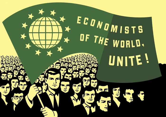 Crowd holding a flag with a globe and stars reading Economists of the World Unite by Klaus Meinhardt