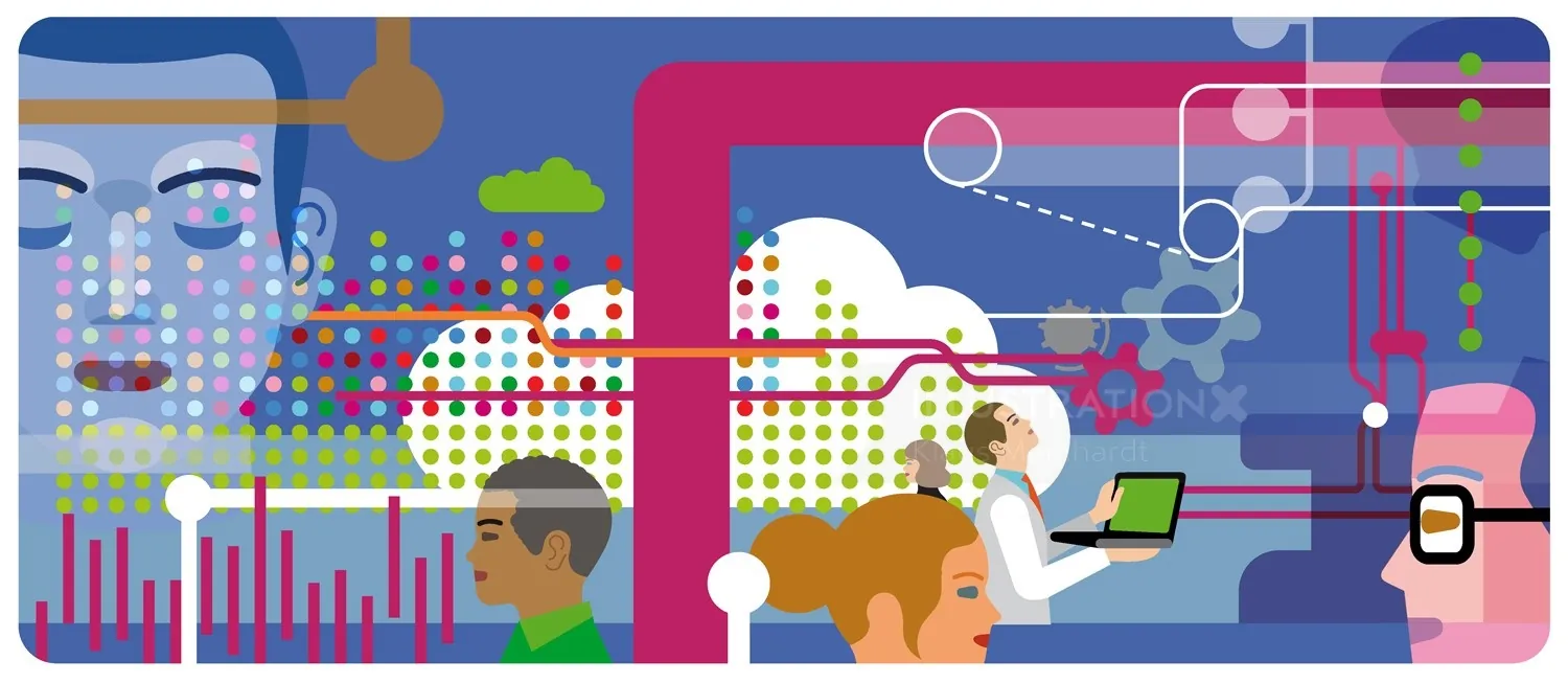 Abstract digital collaboration with diverse people and technology by Klaus Meinhardt