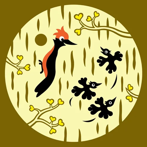 Stylized woodpecker feeds three chicks in tree hole by Klaus Meinhardt