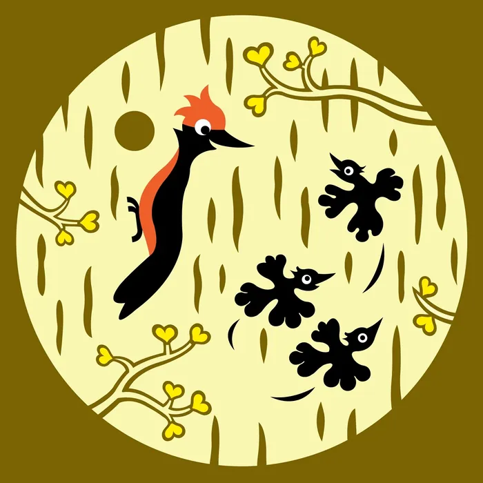 Stylized woodpecker feeds three chicks in tree hole by Klaus Meinhardt