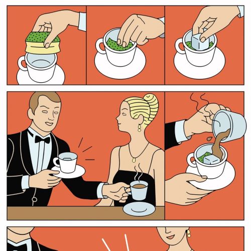 Retro comic panels of hands adding sugar and cream to coffee cups by Klaus Meinhardt