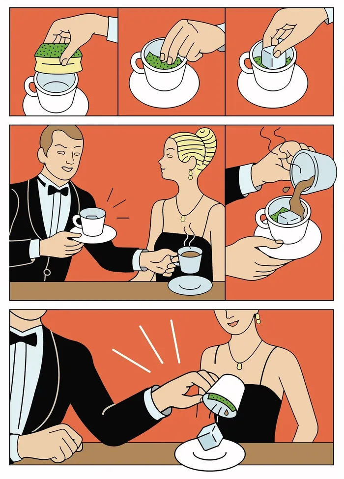 Retro comic panels of hands adding sugar and cream to coffee cups by Klaus Meinhardt