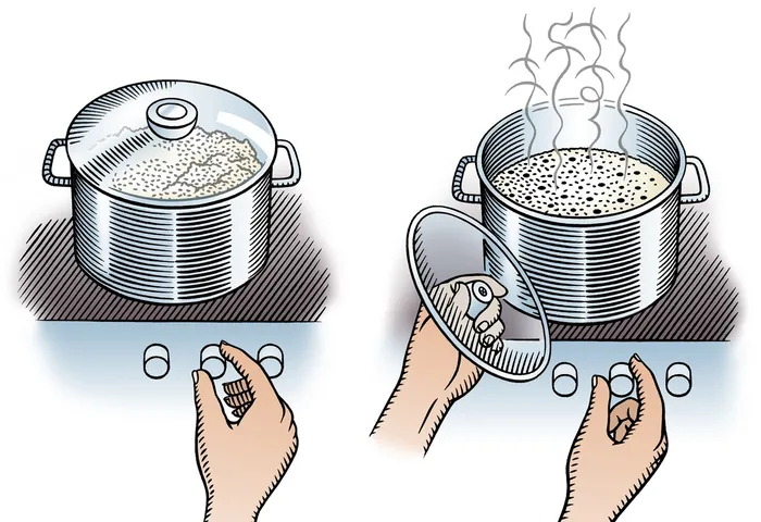 Two-part illustration of cooking rice and adding salt by Klaus Meinhardt