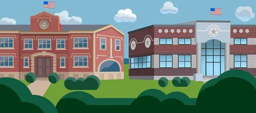 Illustration of school buildings with American flags and trees by Klaus Meinhardt