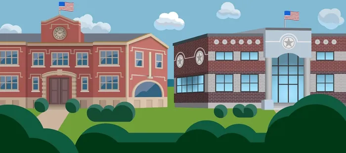 Illustration of school buildings with American flags and trees by Klaus Meinhardt