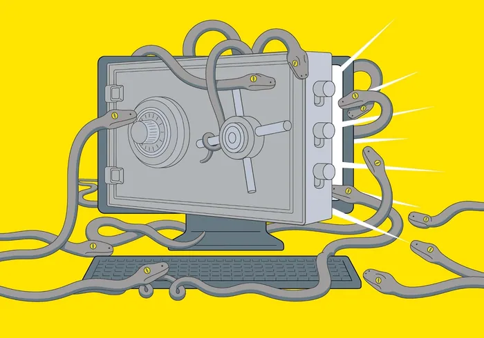Computer monitor with many cables wrapped and connected by Klaus Meinhardt
