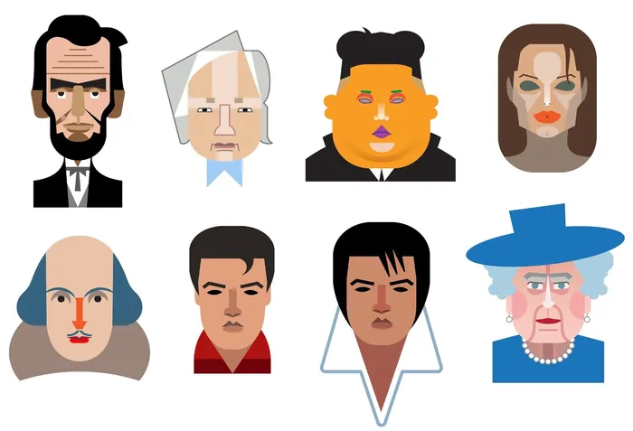 Vector portraits of eight famous figures including Abraham Lincoln and Queen Elizabeth by Klaus Mein